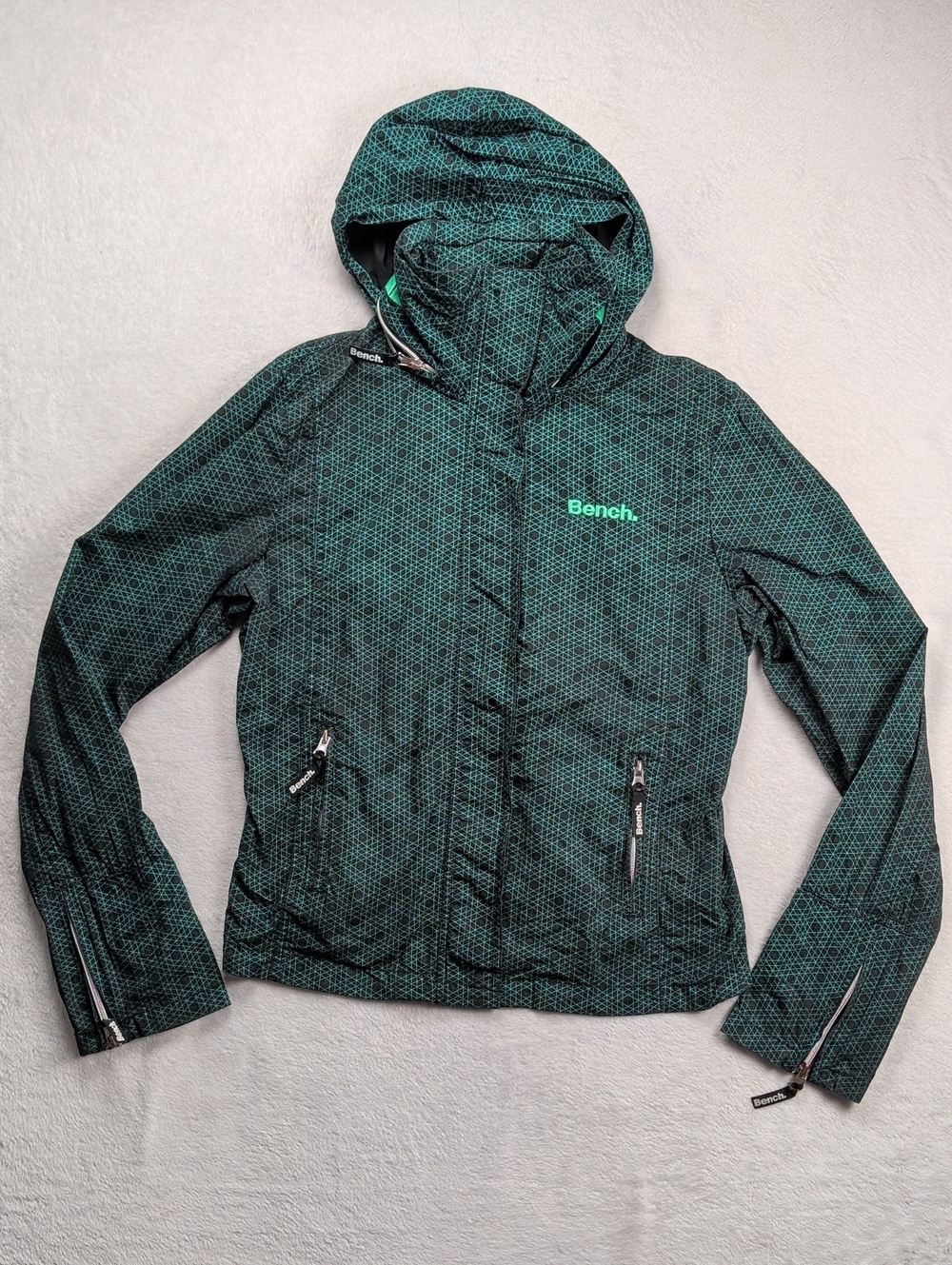 Bench Black Teal Geometric Grid Lightweight Windbreaker Jacket Hidden Hood XL